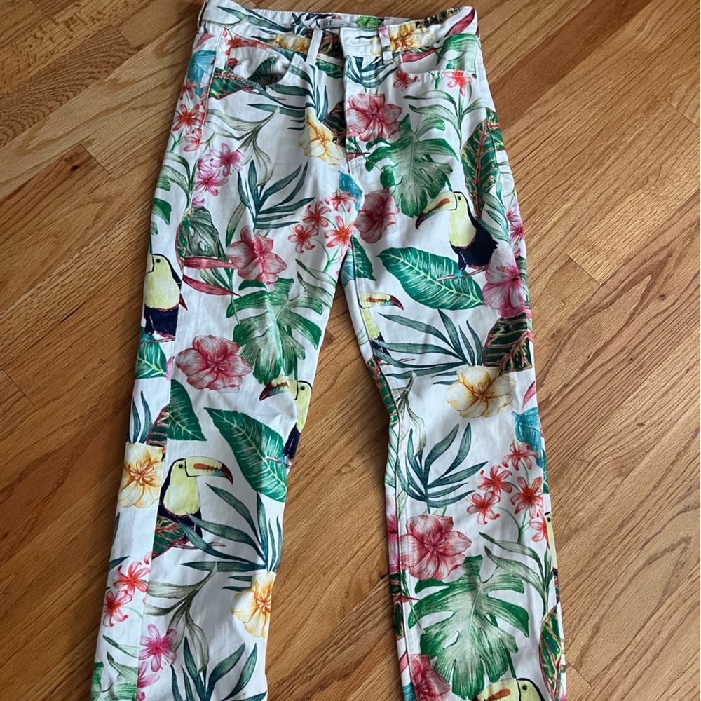 Zara TRF cropped tropical printed white jean